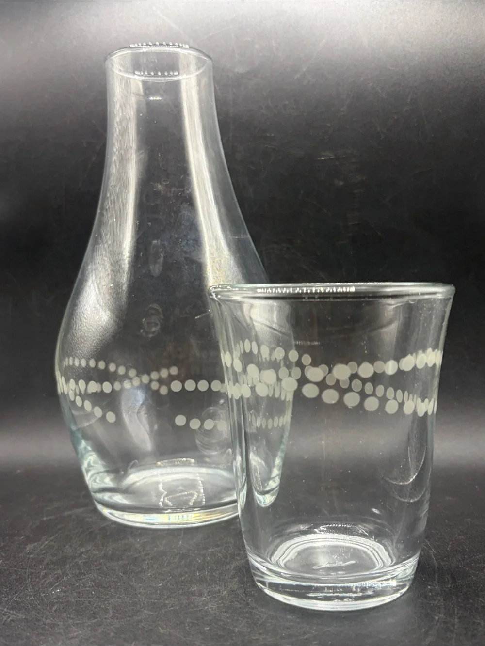 Crisa Glass Vintage Bedside Carafe Decanter & Cup Polka Dot Pattern Glassware